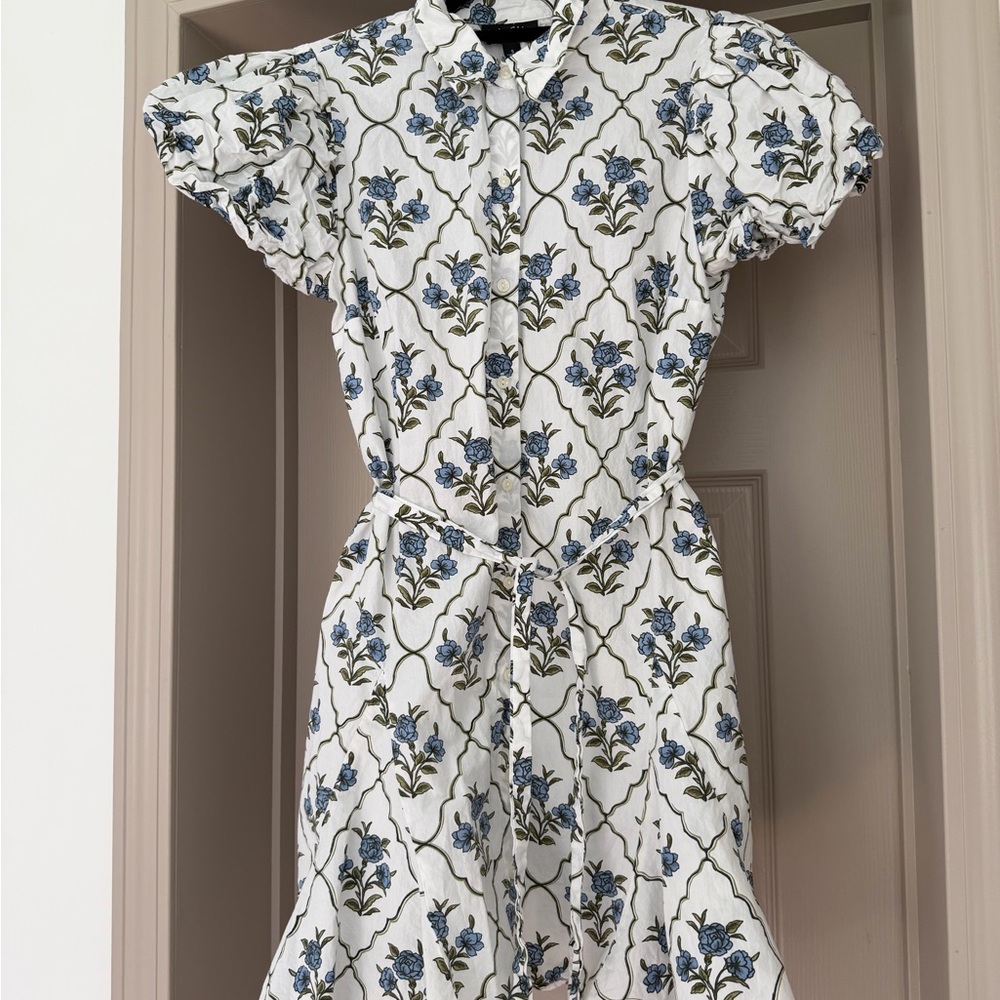 White Floral Button-Front Mini Dress with Blue Print